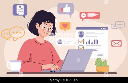 Woman using laptop surrounded by digital communication icons Stock Vector