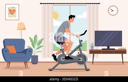 Man riding exercise bike in living room during sunny day for healthy lifestyle Stock Vector