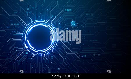 Neon round gateway with chip traces spreading across technological bg Stock Vector