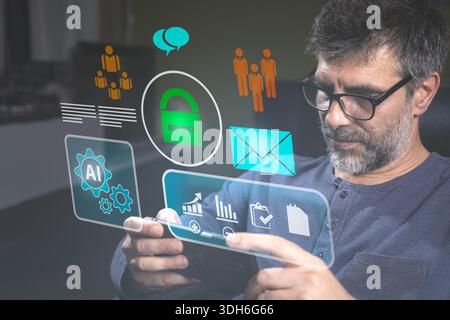 An entrepreneur uses artificial intelligence AI technology to improve online work efficiency, data analysis, and efficient tools, leveraging the poten Stock Photo