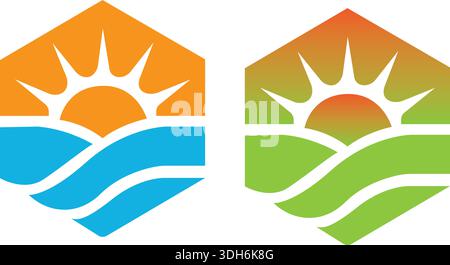 Nature Farm and farming vector logo illustration design sun farmIsolated illustration of fields farm landscape and sun Concept for agriculture harvest Stock Vector