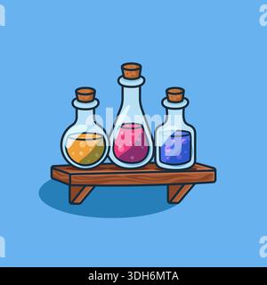 Magic Potion Bottles on Wooden Shelf, Spooky Witch Laboratory Glass Jars for Halloween and Fantasy Stock Vector