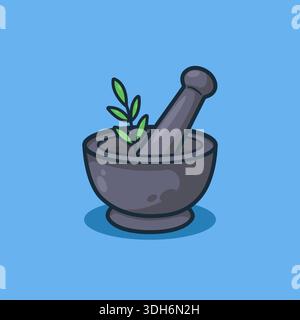 Mortar and Pestle with Magic Herbs, Spooky Alchemy and Apothecary Tool for Halloween Design Stock Vector