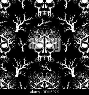 Seamless pattern with skulls and dry tree branches. Vector illustration. Stock Vector