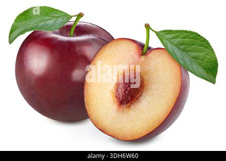 Plum fruit. Plum with leaves isolated on white background. Plum clipping path. Stock Photo