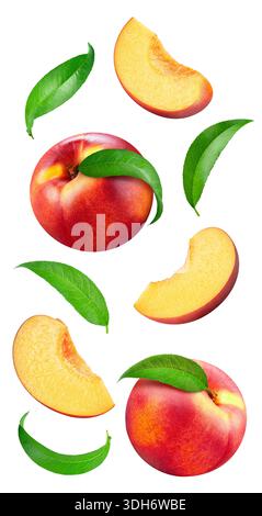 Flying in air organic peach fruits on the white background. Levitate peach collection isolated clipping path. Peach macro studio photo Stock Photo