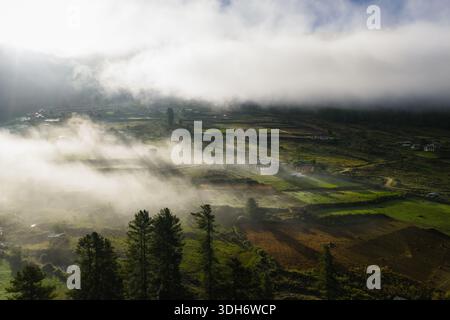 Aerial view of mist-shrouded fields and scattered hamlets, where sunlight pierces through the clouds, painting the valley in hues of gold and emerald, Stock Photo