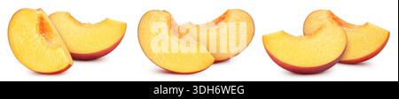 Ripe organic peach slice on the white background. Peach collection isolated clipping path. Peach macro studio photo Stock Photo