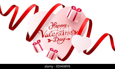 Greeting card cover with Valentines Day gifts and red ribbon on white background. Vector illustration Stock Vector
