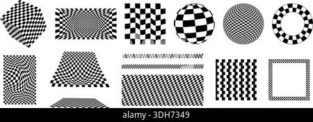 Set of chessboards, checkered borders and frames, cube and ball figures, banners and room isolated on white background. Collection of different Stock Vector