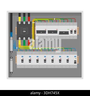 Electrical distribution board with circuit breakers and organized color-coded wiring Stock Vector