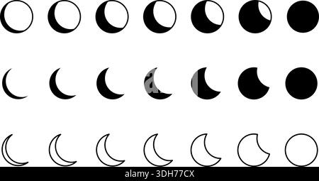 New and quarter, waning and waxing, crescent and full Moon sphere silhouettes and icons isolated on white background. Infographic of Lunar calendar Stock Vector