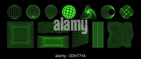 Set of different green laser wireframes isolated on black background. Neon futuristick, cyberpunk or techno grids. Sphere, spirograph and room Stock Vector