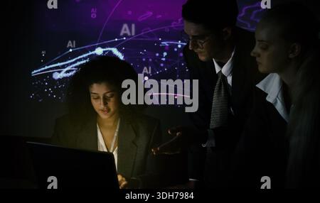 Ai and Business. Tech Startup team discussing and using artificial intelligence or digital Ai assistant.  Business innovation AI technology collaborat Stock Photo