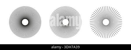 Circle radial radiation lines. Sun star burst, rays. Spokes with radiating stripes grid. Abstract illusion geometric pattern. Circulars lines beams. Stock Vector