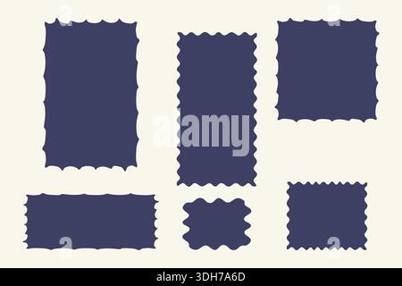 Abstract irregular rectangle shapes, text box set. Organic simple flat blob element. Wavy line zigzag edge, blue colour elements. Geometric Modern Stock Vector