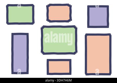 Abstract frame rectangle shapes, big text box set. Organic simple flat blob element. Wavy line zigzag irregular edge, blue green pink pastel colour Stock Vector
