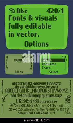 Fully editable fonts and visuals of an old mobile phone from the 2000s with a screen with or without light in vector Stock Vector