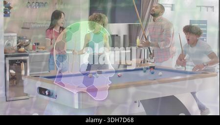 Playing four adults gathering at pool table in kitchen, wearing casual, holding cues, hologram head Stock Photo