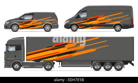 Modern car wrap design template set for van and truck featuring geometric orange and black stripes on grey background Stock Vector