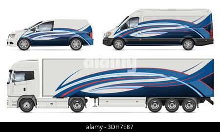 Vector vehicle branding mockup set. Car, van, and semi trailer truck with blue and red abstract corporate identity wrap design template Stock Vector