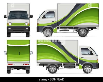 Small box truck wrap vector mockup for corporate identity or vehicle branding. View from the side, front, rear Stock Vector
