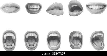 Retro halftone portraits of diverse facial expressions, perfect for creative projects, editorial layouts, and bold pop-art designs. Stock Vector