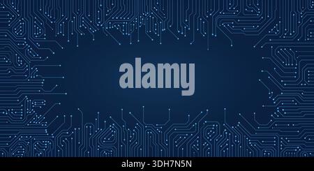 High tech interface featuring blue circuitry network and glowing data connection lines. AI circuit board futuristic background template highlights sma Stock Vector
