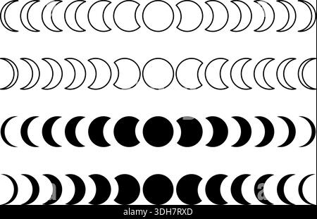 Moon phases. New and quarter, crescent and full, waning and waxing Luna sphere silhouettes and icons. Infographic of Lunar calendar cycle. Astrology Stock Vector