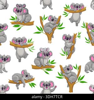Vector seamless pattern of cartoon cute koala bear character are climbing, hugging branches, sleeping and carrying babies on their backs, smiling and cuddly. Fabric, tile background or wallpaper print Stock Vector