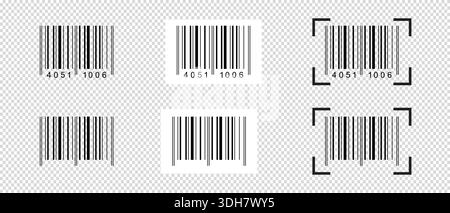 Collection of barcode stickers with scanner frames. Samples of bar code mockups isolated on transparent background. Pricetags or ID labels with Stock Vector