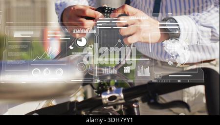 Turning dial by commuter in striped shirt on bicycle combination lock at sunlit path with AR Stock Photo