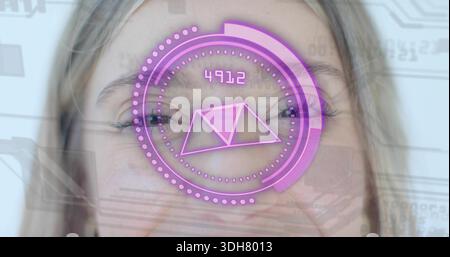 Displaying adult female face filling center frame in studio, showing purple-pink HUD readout 4912 Stock Photo