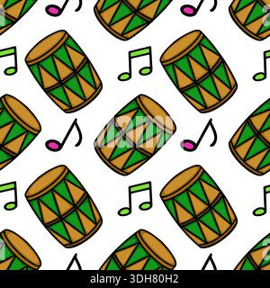 Seamless vector pattern of cartoon drums and music notes, festive celebration design Stock Vector
