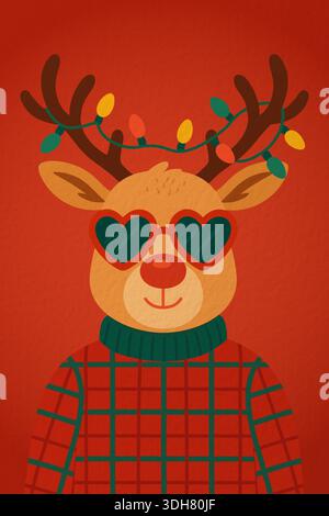 Cute Reindeer with Red Nose and Heart Glasses – Christmas Vector Illustration with Festive Sweater and Garland on Antlers, Bright Holiday Animal Portr Stock Photo