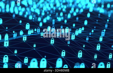 Data network, locked or encrypted information, digital wire, data protection, privacy. Data network, locked or encrypted information, digital wire, data protection, privacy. Exchanging, technology, restricted, security, digital asset management, connections. img technology100s02 plexus locked data privacy Stock Photo