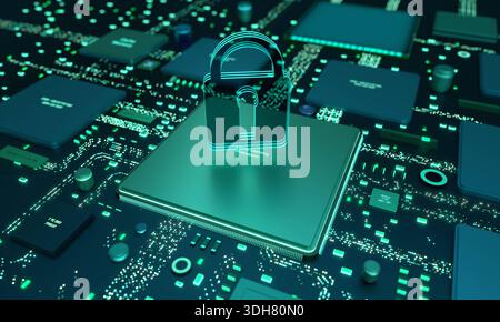 Motherboard, semiconductor, processor, digital lock as a symbol of data protection. Motherboard with semiconductor, digital lock, data protection. Green metallic circuit board, data processing and exchange, safety, privacy. img technology098s02 processor locked data protection Stock Photo