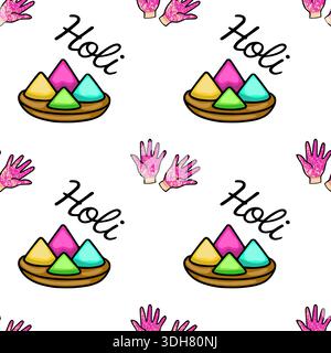 Seamless Holi festival vector pattern with colorful powder and hands, vibrant celebration background Stock Vector
