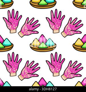 Vibrant Holi festival seamless pattern vector with colorful powder and hands Stock Vector