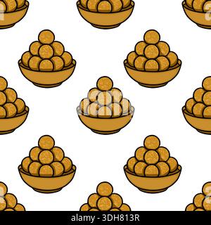 Seamless vector pattern of golden laddus in bowls, sweet Indian dessert illustration Stock Vector