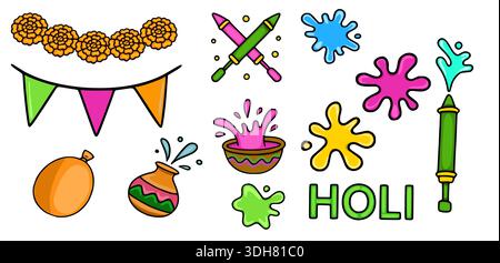Festive Holi vector illustration set with colorful splashes, pichkaris, balloons, and marigold garland Stock Vector