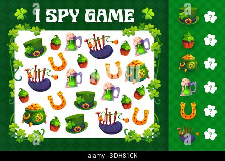 I spy game with St Patricks day objects. Irish holiday kids game vector worksheet, St Patricks ray quiz. Ireland festive I spy riddle with horseshoe, bagpipe, pot of gold, leprechaun hat and sweets Stock Vector