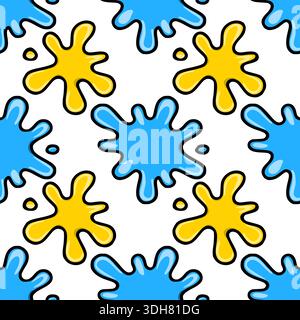 Seamless vector pattern of bright yellow and blue paint splatters on white background Stock Vector