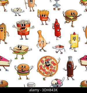Groovy fast food characters pattern with funny snacks and desserts, vector seamless background. Cartoon groovy fast food pattern with funky pizza or freaky cheeseburger and sandwich with silly face Stock Vector