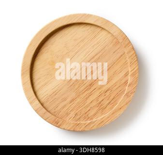 round wooden tray isolated on white background, top view Stock Photo