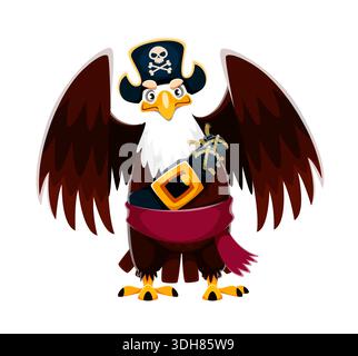 Eagle bird animal pirate character with wide wings and white head, wearing black tricorn hat. Cartoon vector eagle corsair nautical personage holds a large belt with bombs, wrapped around a tied rope Stock Vector