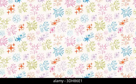 A colorful seamless pattern with vintage starbursts and fireworks in doodle sketch style. Ideal for retro designs, fabrics, party invitations, and dig Stock Vector
