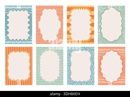 A set of eight colorful whimsical frames and borders with playful wavy edges and retro inspired patterns. Ideal for invitations, greeting cards, text Stock Vector