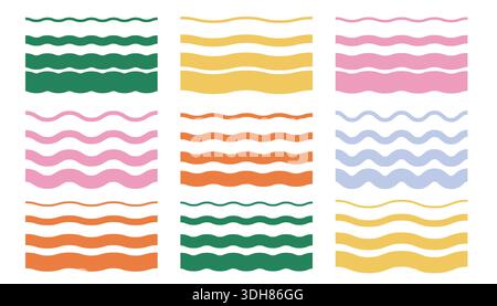 A collection of colorful, abstract seamless halftone wavy lines and borders in various thicknesses. Striped curly patterns. Ideal for modern seamless Stock Vector