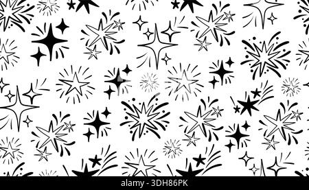 A doodle black and white seamless pattern with various stars, starbursts, and fireworks on a white background. Ideal for abstract designs, simple patt Stock Vector